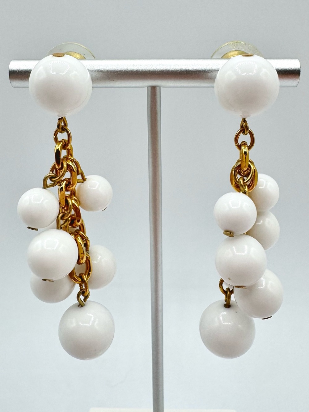 Vintage Napier White Lucite Bead Cluster Earrings Gold Tone Chain Statement